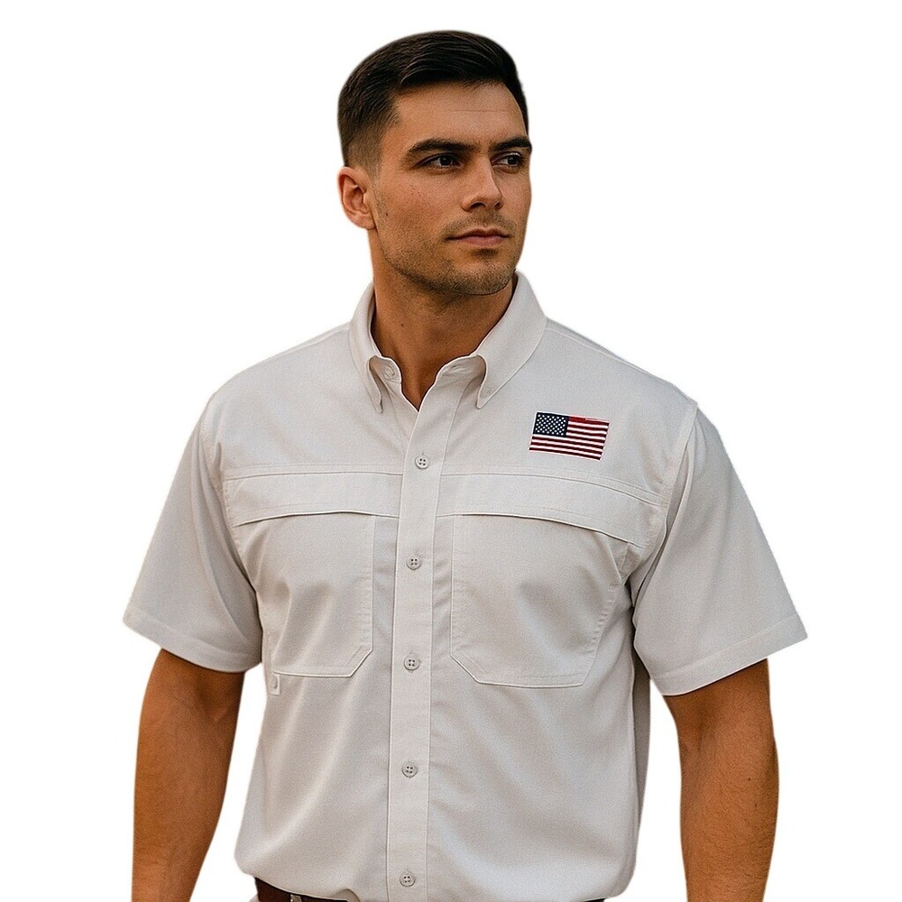 Mojo Sportswear Fishing Shirt Vented American Flag Button Up White Large UPF 50+